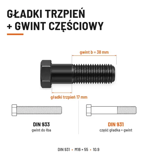 ŚRUBA DIN 931 M16x55 10,9 BEZ POKRYCIA