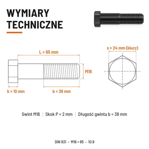 ŚRUBA DIN 931 M16x65 10,9 BEZ POKRYCIA