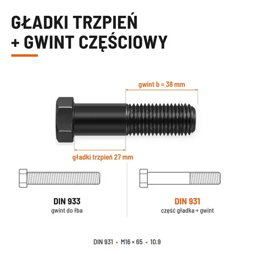 ŚRUBA DIN 931 M16x65 10,9 BEZ POKRYCIA