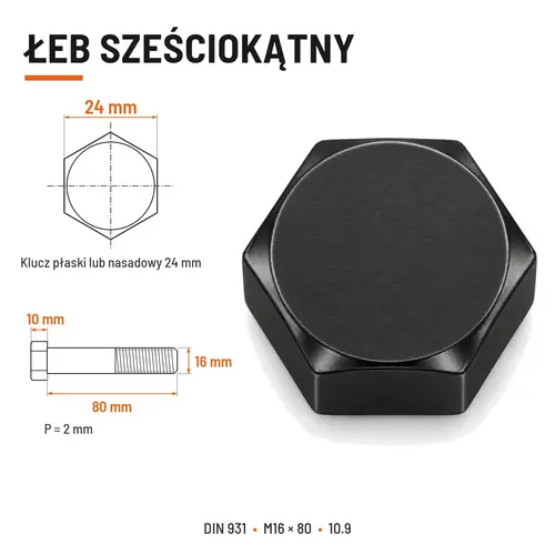 ŚRUBA DIN 931 M16x80 10,9 BEZ POKRYCIA