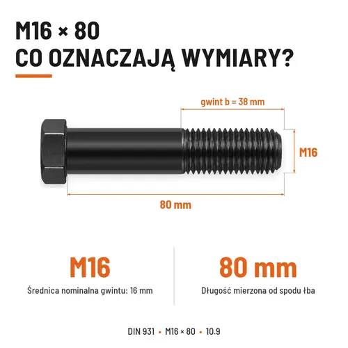 ŚRUBA DIN 931 M16x80 10,9 BEZ POKRYCIA