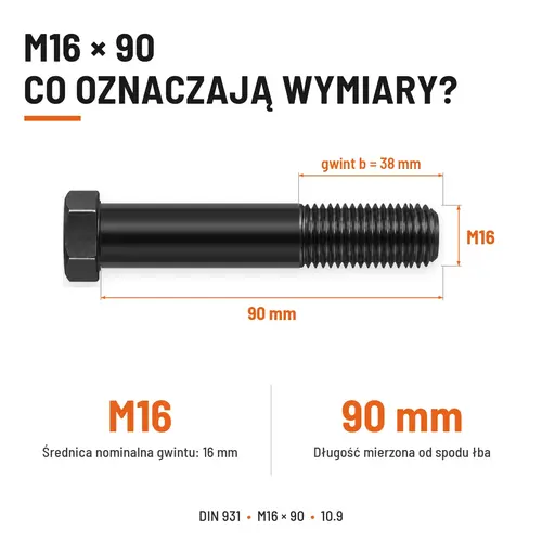 ŚRUBA DIN 931 M16x90 10,9 BEZ POKRYCIA