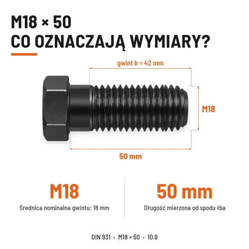 ŚRUBA DIN 931 M18x50 10,9 BEZ POKRYCIA