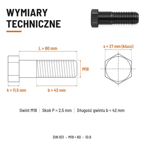 ŚRUBA DIN 931 M18x60 10,9 BEZ POKRYCIA