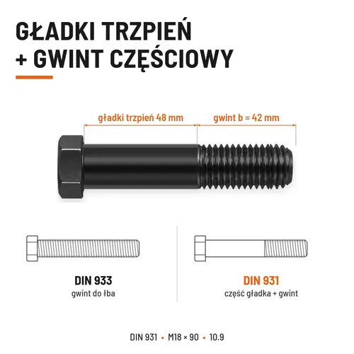 ŚRUBA DIN 931 M18x90 10,9 BEZ POKRYCIA