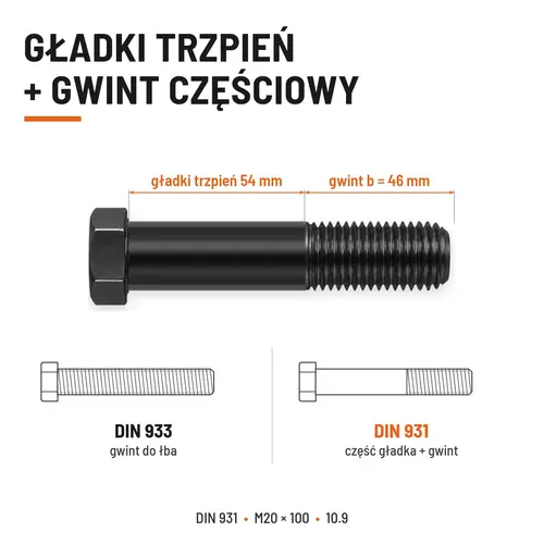 ŚRUBA DIN 931 M20x100 10,9 BEZ POKRYCIA