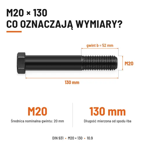 ŚRUBA DIN 931 M20x130 10,9 BEZ POKRYCIA