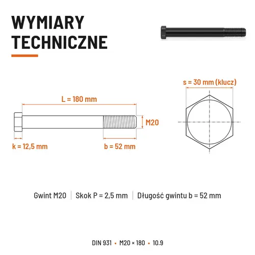 ŚRUBA DIN 931 M20x180 10,9 BEZ POKRYCIA