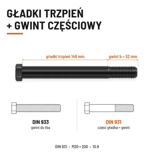 ŚRUBA DIN 931 M20x200 10,9 BEZ POKRYCIA