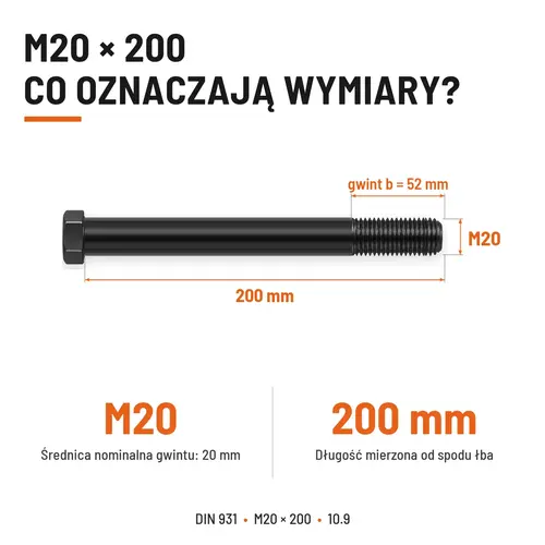ŚRUBA DIN 931 M20x200 10,9 BEZ POKRYCIA
