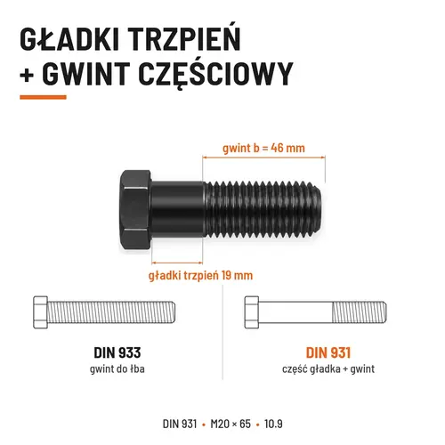ŚRUBA DIN 931 M20x65 10,9 BEZ POKRYCIA