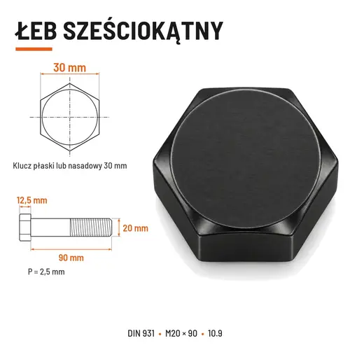 ŚRUBA DIN 931 M20x90 10,9 BEZ POKRYCIA