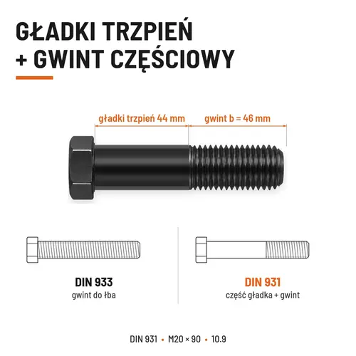 ŚRUBA DIN 931 M20x90 10,9 BEZ POKRYCIA