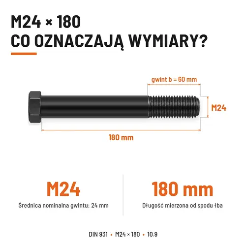 ŚRUBA DIN 931 M24x180 10,9 BEZ POKRYCIA