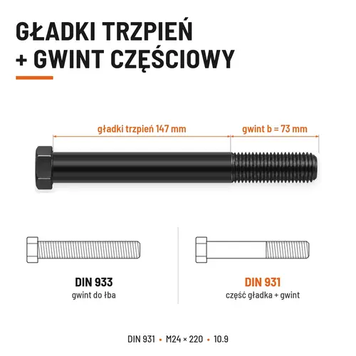 ŚRUBA DIN 931 M24x220 10,9 BEZ POKRYCIA