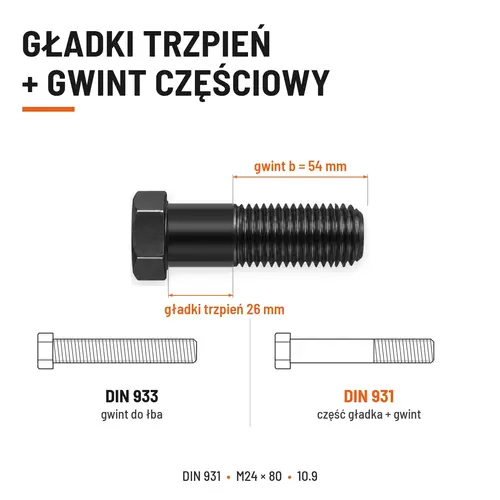ŚRUBA DIN 931 M24x80 10,9 BEZ POKRYCIA