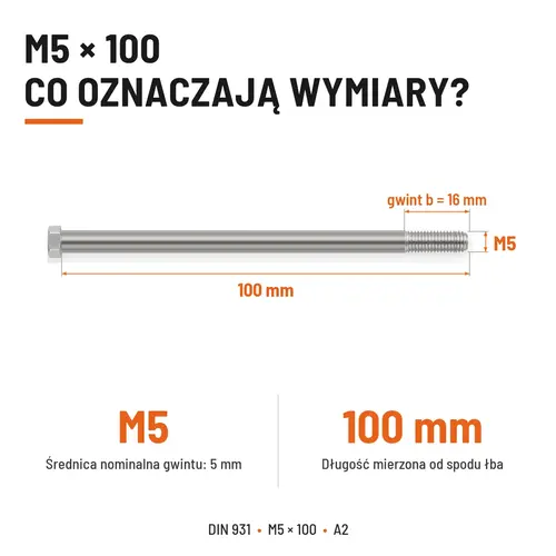 ŚRUBA SZEŚCIOKĄTNA DIN 931 M5x100 A2