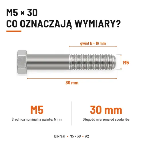 ŚRUBA SZEŚCIOKĄTNA DIN 931 M5x30 A2
