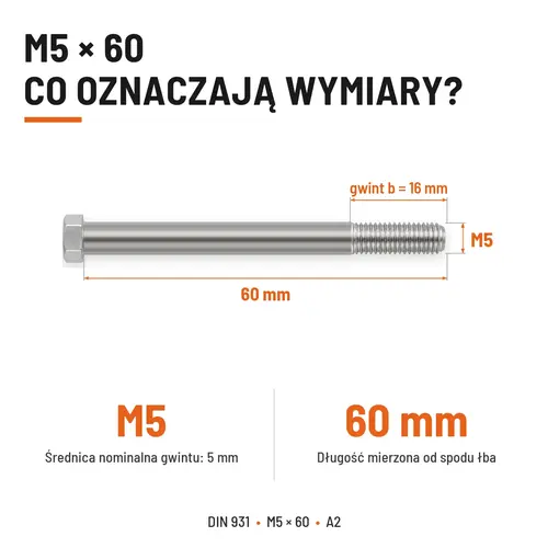 ŚRUBA SZEŚCIOKĄTNA DIN 931 M5x60 A2