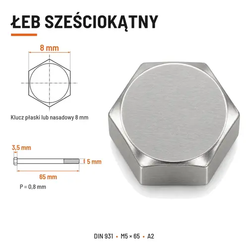 ŚRUBA SZEŚCIOKĄTNA DIN 931 M5x65 A2
