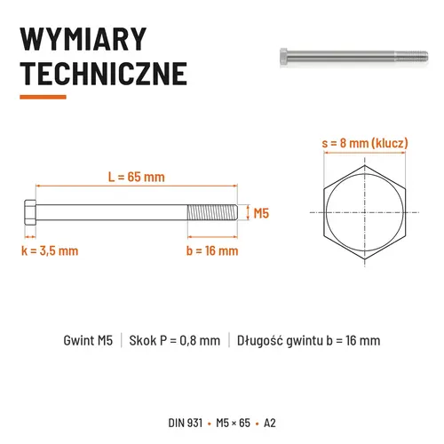 ŚRUBA SZEŚCIOKĄTNA DIN 931 M5x65 A2