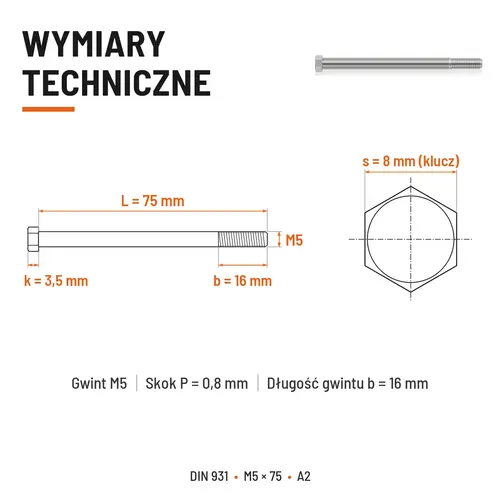 ŚRUBA SZEŚCIOKĄTNA DIN 931 M5x75 A2
