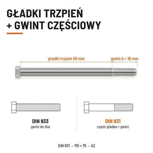 ŚRUBA SZEŚCIOKĄTNA DIN 931 M5x75 A2