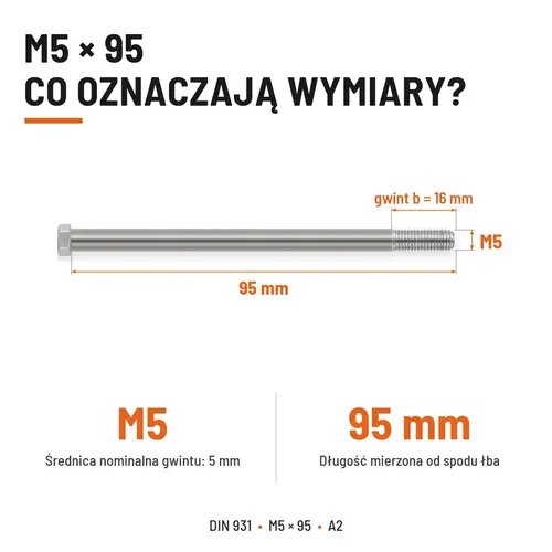 ŚRUBA SZEŚCIOKĄTNA DIN 931 M5x95 A2