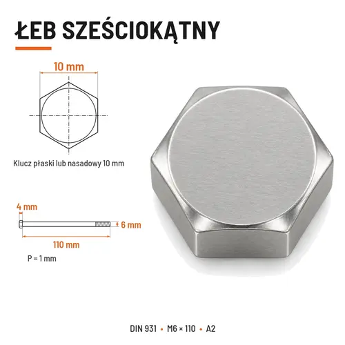 ŚRUBA SZEŚCIOKĄTNA DIN 931 M6x110 A2