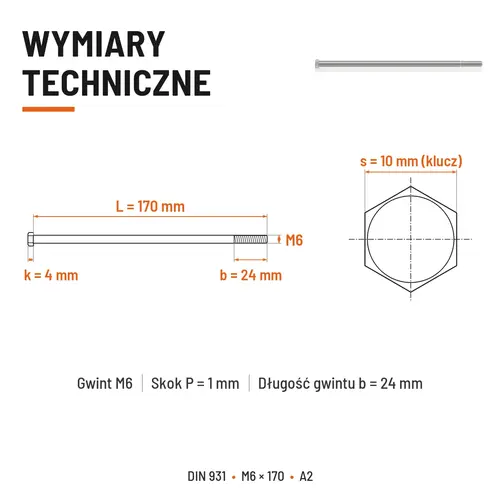 ŚRUBA SZEŚCIOKĄTNA DIN 931 M6x170 A2