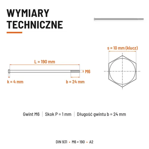 ŚRUBA SZEŚCIOKĄTNA DIN 931 M6x190 A2