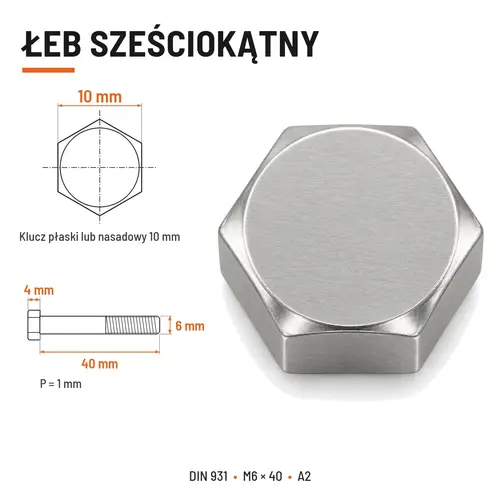 ŚRUBA SZEŚCIOKĄTNA DIN 931 M6x40 A2
