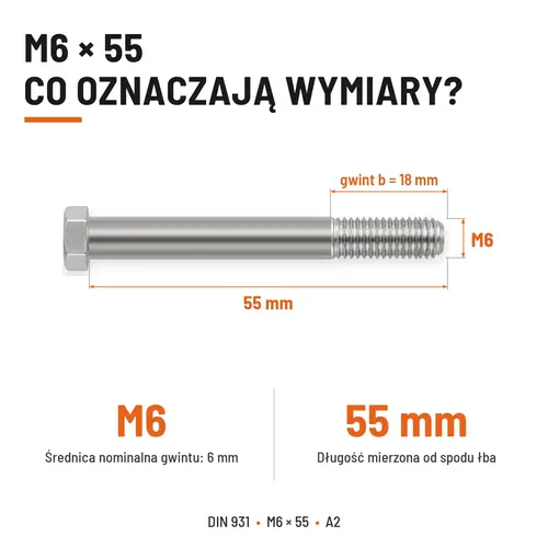 ŚRUBA SZEŚCIOKĄTNA DIN 931 M6x55 A2