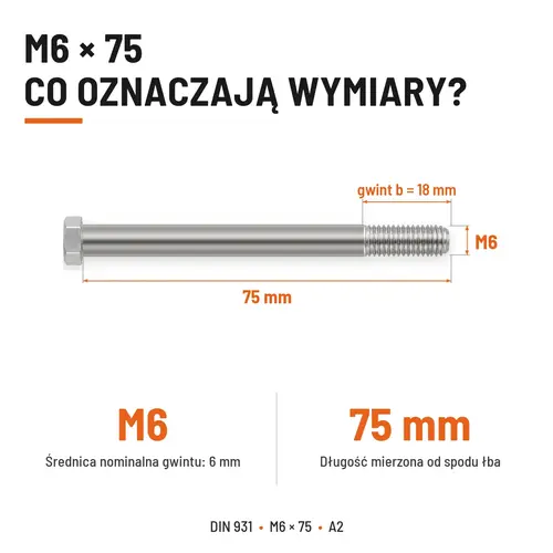 ŚRUBA SZEŚCIOKĄTNA DIN 931 M6x75 A2