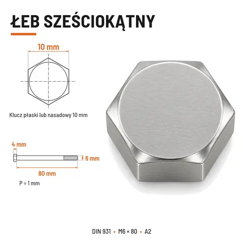 ŚRUBA SZEŚCIOKĄTNA DIN 931 M6x80 A2