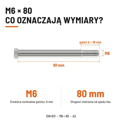 ŚRUBA SZEŚCIOKĄTNA DIN 931 M6x80 A2