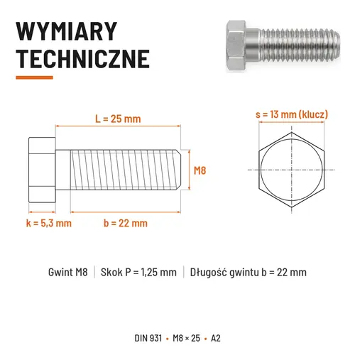 ŚRUBA SZEŚCIOKĄTNA DIN 931 M8x25 A2
