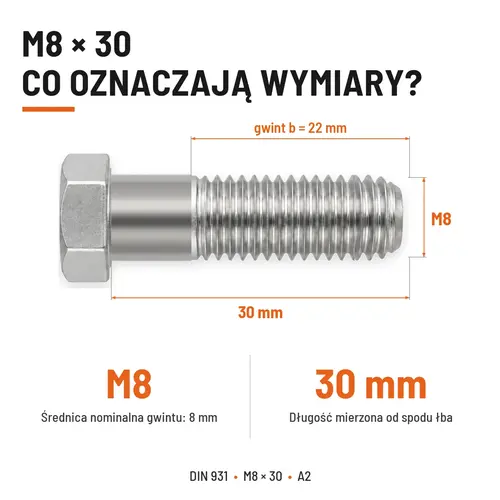 ŚRUBA SZEŚCIOKĄTNA DIN 931 M8x30 A2