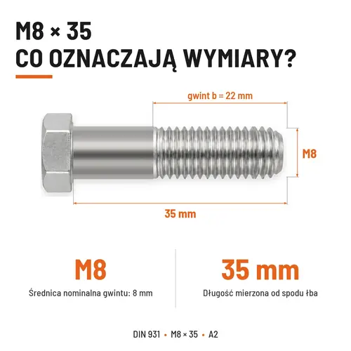 ŚRUBA SZEŚCIOKĄTNA DIN 931 M8x35 A2