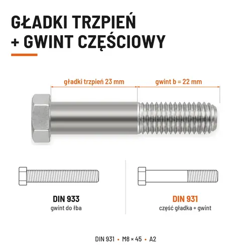 ŚRUBA SZEŚCIOKĄTNA DIN 931 M8x45 A2