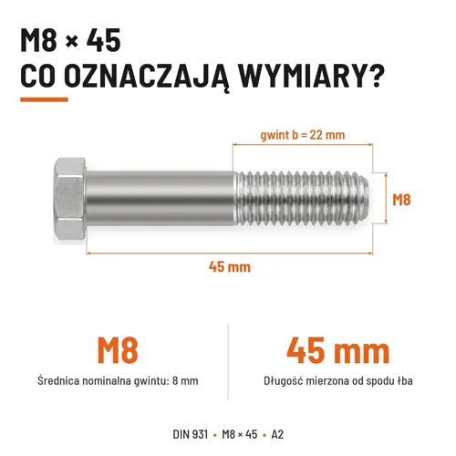 ŚRUBA SZEŚCIOKĄTNA DIN 931 M8x45 A2