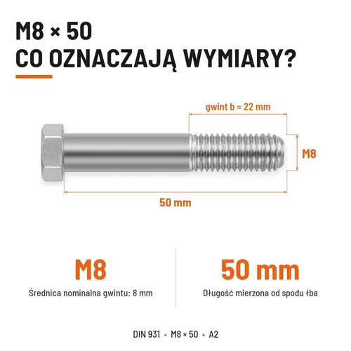 ŚRUBA SZEŚCIOKĄTNA DIN 931 M8x50 A2