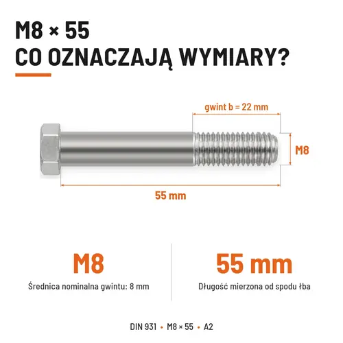 ŚRUBA SZEŚCIOKĄTNA DIN 931 M8x55 A2