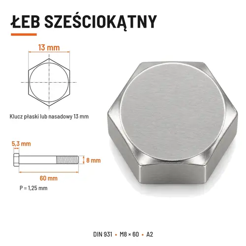 ŚRUBA SZEŚCIOKĄTNA DIN 931 M8x60 A2