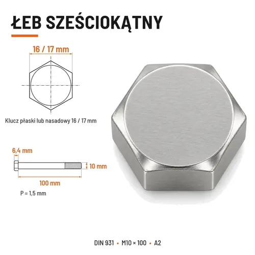 ŚRUBA SZEŚCIOKĄTNA DIN 931 M10x100 A2