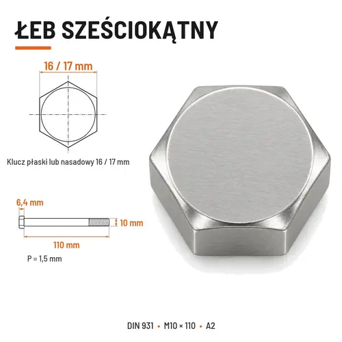 ŚRUBA SZEŚCIOKĄTNA DIN 931 M10x110 A2