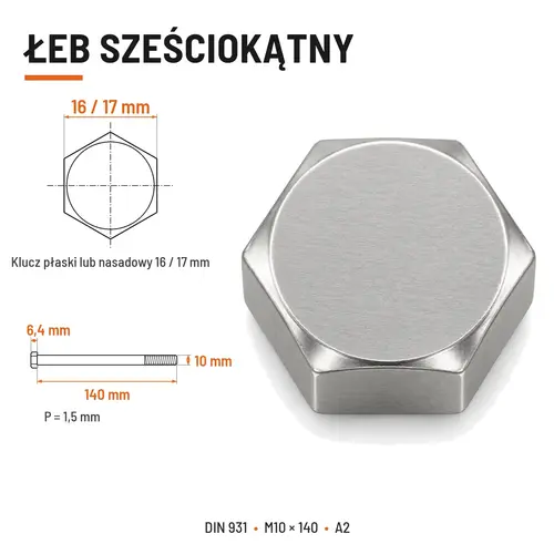 ŚRUBA SZEŚCIOKĄTNA DIN 931 M10x140 A2