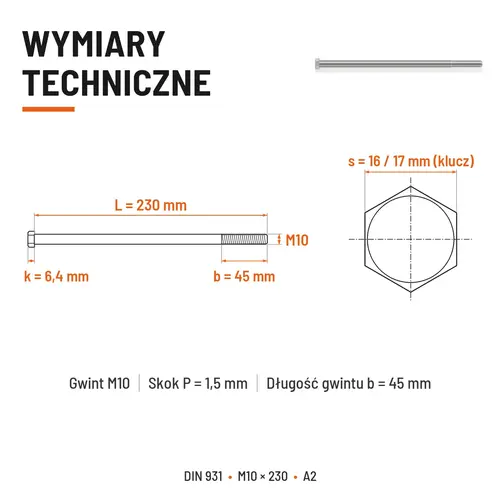 ŚRUBA DIN 931 M10x230 A2