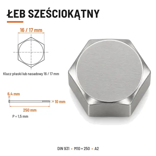 ŚRUBA SZEŚCIOKĄTNA DIN 931 M10x250 A2