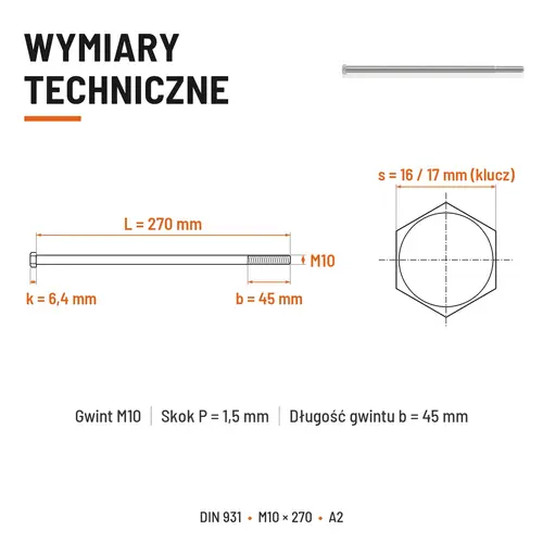 ŚRUBA SZEŚCIOKĄTNA DIN 931 M10x270 A2